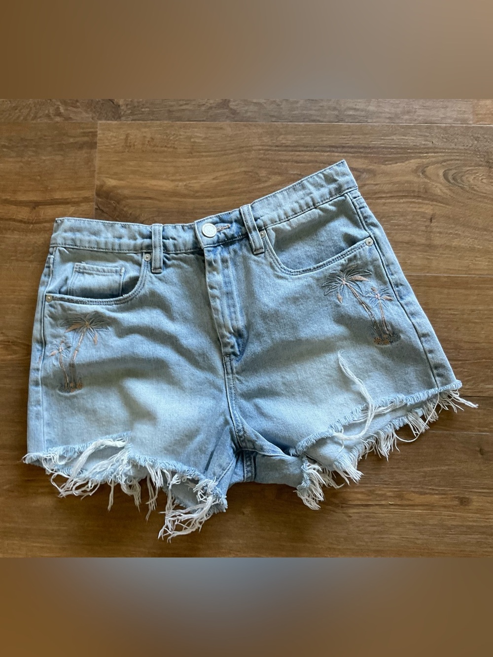 Blank NYC Light Blue Palm Embroidered Frayed Hem Denim Shorts Sz 29